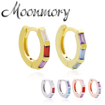 

Moonmory 925 Sterling Silver Rainbow Square Zircon Hoop Huggies Earring For Women Colorful Crystal Female Earring Jewelry Bijoux