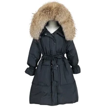 Женский пуховик с натуральным мехом и капюшоном, длинный толстый теплый пояс, черный корейский 90% белый утиный пух, зимний женский пуховик