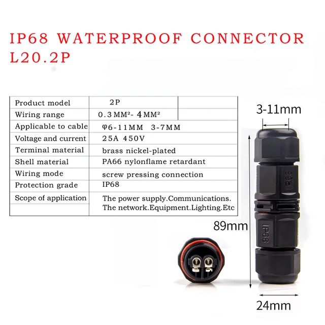 IP68 Waterproof Connector 2 Pin 3 Pin 4 Pin 5 Pin Electrical Terminal Adapter Wire Connector Screw Pin connector LED Light pin L20 2p