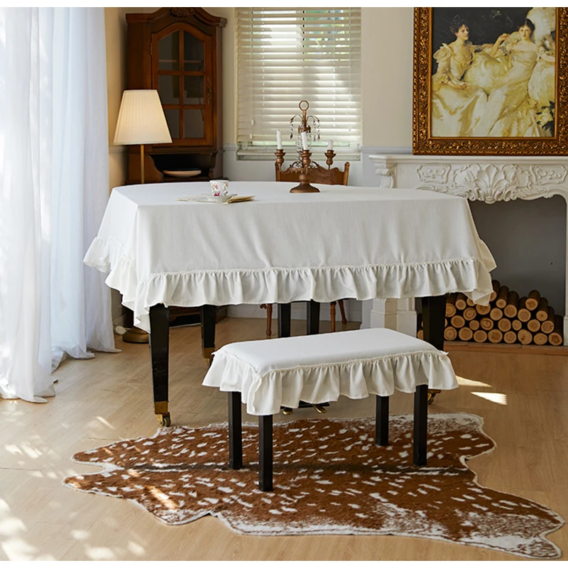 Medicci Home Triangle Piano Dust Cover Nordic Cotton Linen Textured High Grade Ruffle Edge Pure White Piano Stool Cover Top Chic