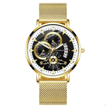 

Luxury Men Watch Complete Calendar Golden Alloy Strap Quartz Watch Luminous Hands Fashion Mens Watch Black Clocks Gift E83-WK