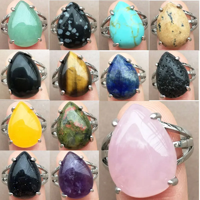 Crystal Tiger Eye Lapislazzuli Avventurina Unakite Lava Corniola Blue Sand Goldstone Howlite Water Drop Bead Art Ring Pwb903