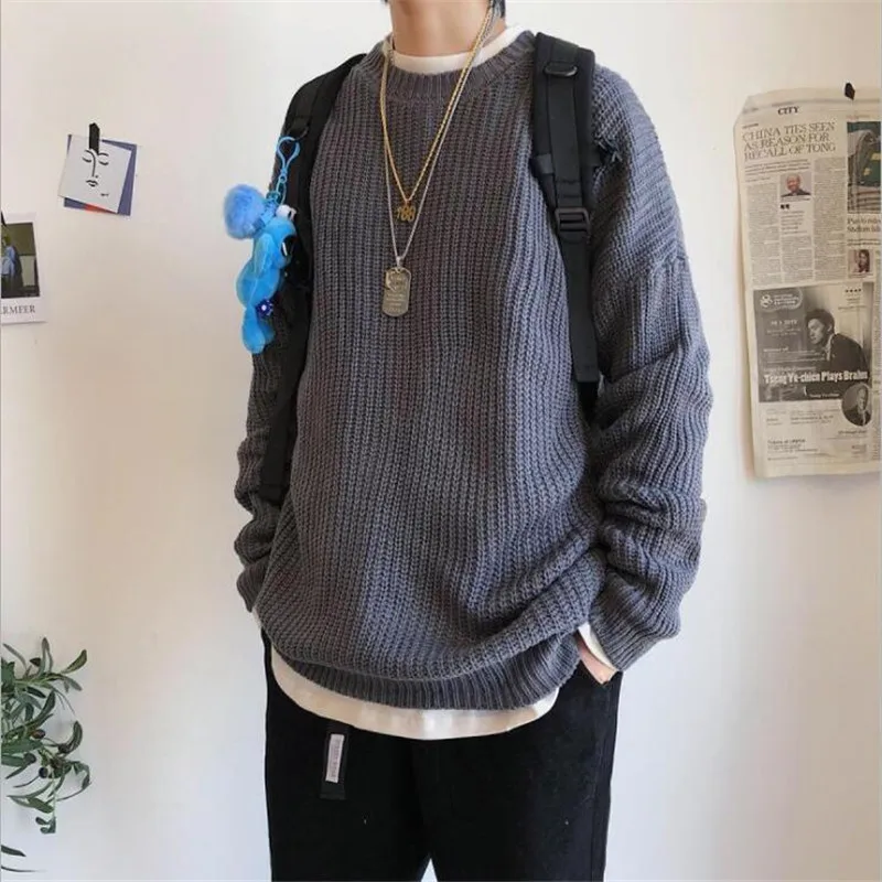 Men s color Sweater Pullover Round Neck Solid Color Loose Casual Autumn Winter Lazy Wind Trend 2
