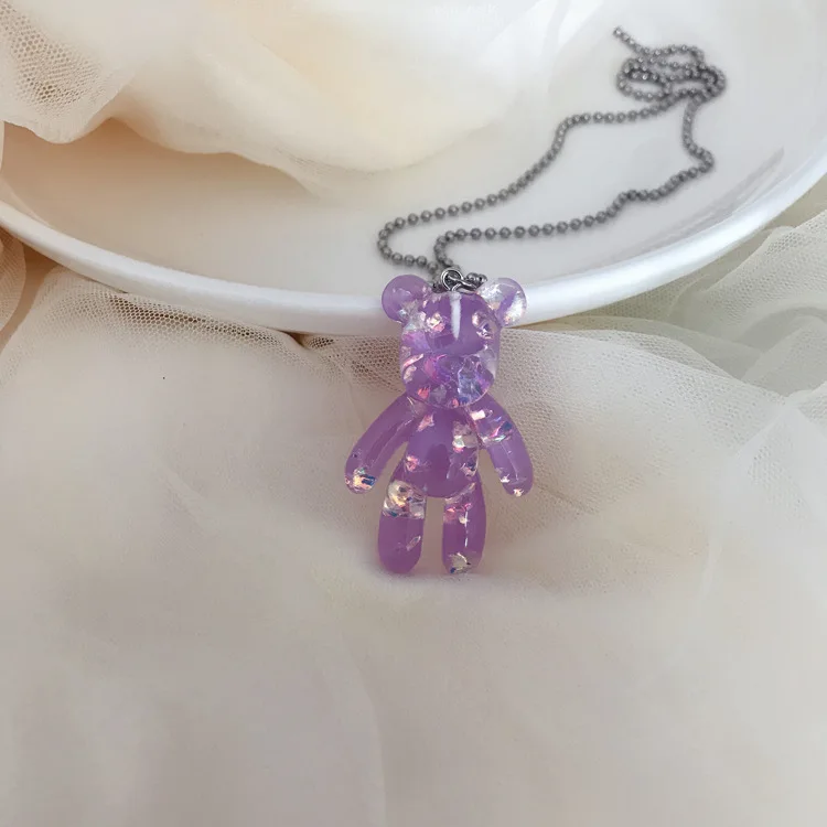 purple 2 Ожерелье с милым медведем из прозрачной смолы, мультяшное животное, забавное ожерелье для девочек, детские ювелирные изделия - Окраска металла: purple 2