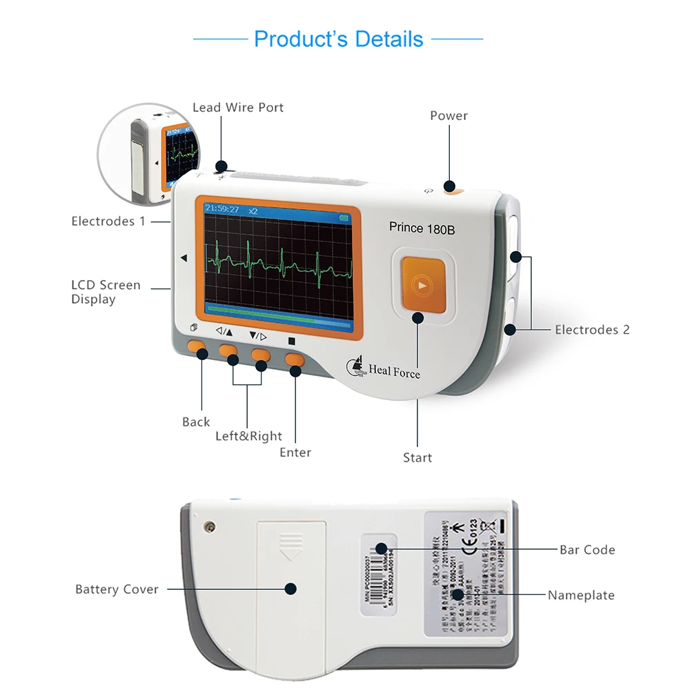Heal Force Prince-180B медицинский Портативный Легкий ЭКГ монитор машина монитор сердечного ритма с usb-кабелем электрод прокладка провода