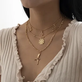 

Gothic Multi-layer Gold Butterfly Rose Flower Pendant Necklace for Women Punk Clavicle Chain Necklace Party Jewelry Gifts