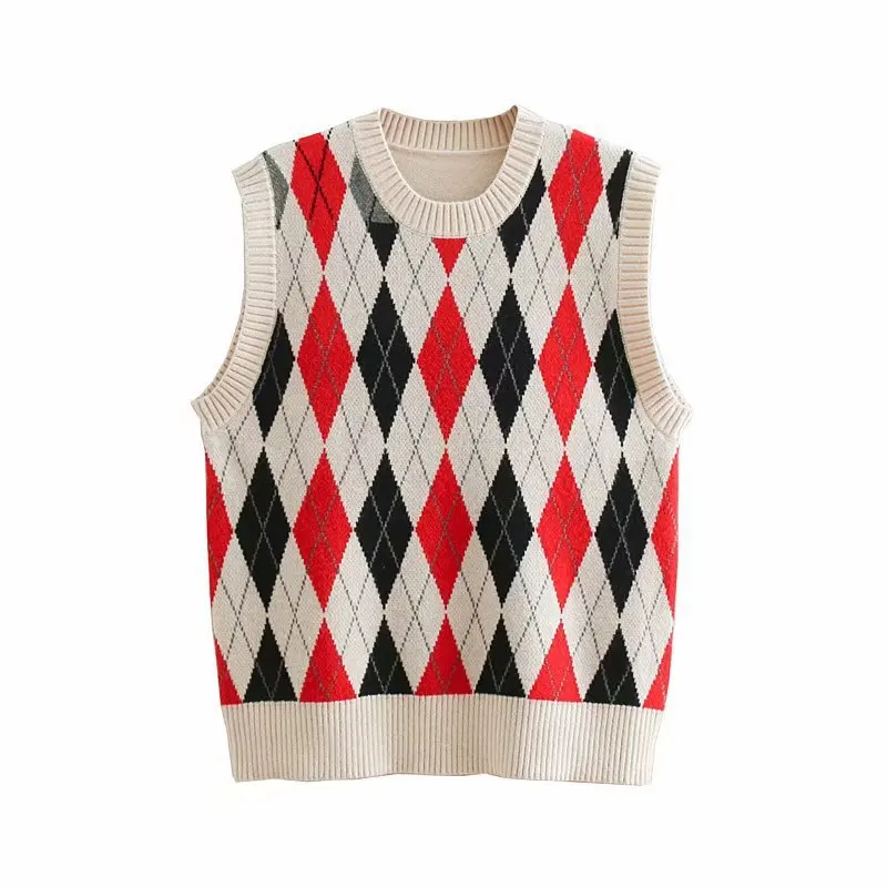 Autumn Women Rhombus Plaid Casual Sweater White Sleeveless Argyle Vest Vest, Sleeveless College Style O-Neck Knitted Vests