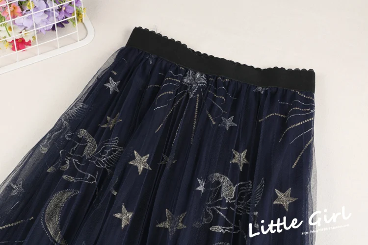 Universe Star Embroidery Women Tulle Skirt Spring Summer Mesh Long A Line Korean 2020 New High Waist Slender Star Feather tartan skirt