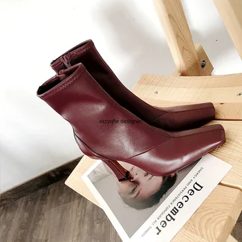 

Square Toe Red Wine Stretch Fabric Patchwork Genuine Leather Women High-heeled Short Stretch Boots Winter Thick Heel Women Boots