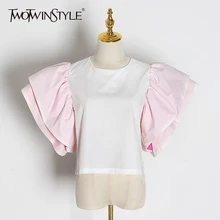 Twotwinstyle doce estilo retalhos blusas feminino o pescoço borboleta manga curta hit cor plissado camisas femininas 2019 roupas novas(China)