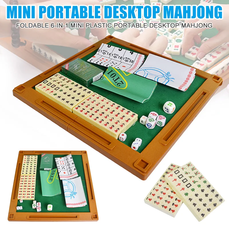 

6-in-1 Mini Chinese Traditional Mahjong Game Traveling Set with Folding Table Board MU8669