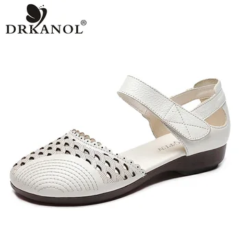 

DRKANOL Summer Women Sandals Round Toe Casual Flat Sandals Woman Genuine Leather Soft Bottom Cutout Mother Shoes Big Size 35-41