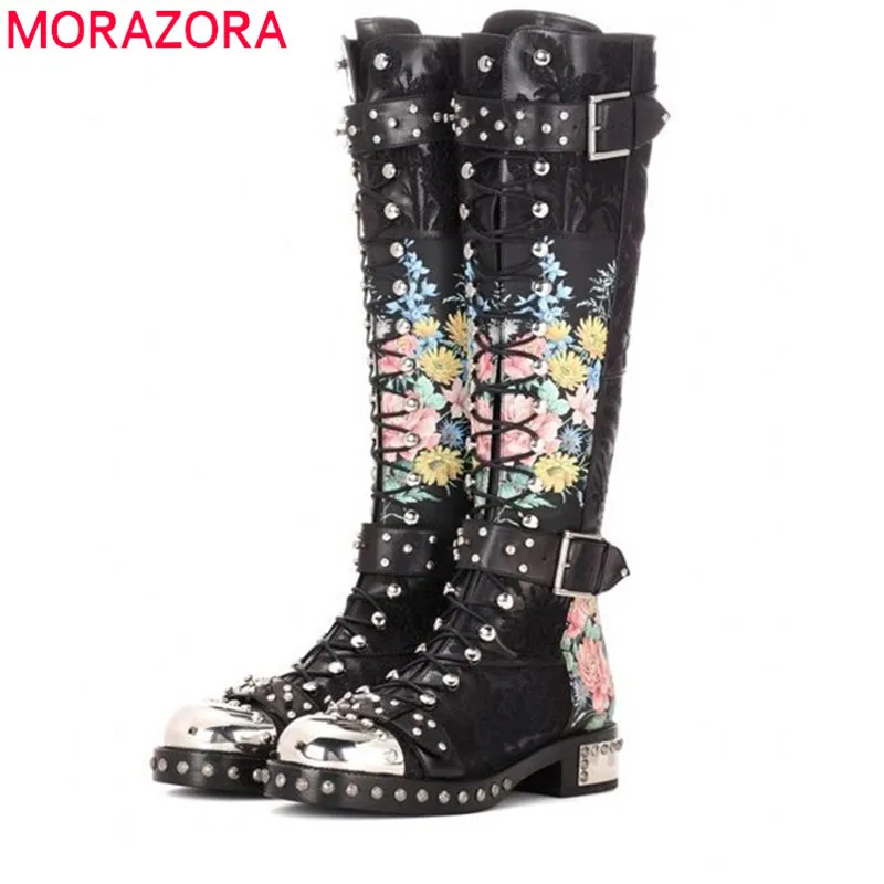 MORAZORA/; сезон осень-зима; модные классические сапоги до колена из натуральной кожи; женские сапоги на низком каблуке с круглым носком, пряжкой и заклепками