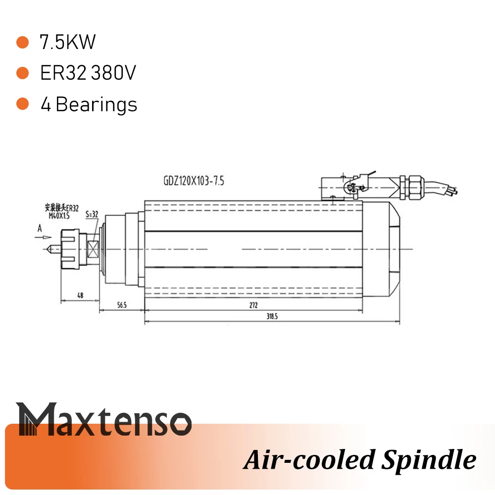 MAXTENSO 7.5KW 380V Air cooling Spindle Motor CNC Router ER32 collet Air-cooled spindle for Engraving Milling Machine GDZ120x103