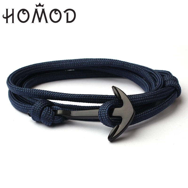 HOMOD-pulsera de cuero con ancla para hombre y mujer, brazalete de cuerda de supervivencia, color negro, joyería de alta calidad