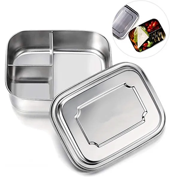 Контейнер для ланча Bento из нержавеющей стали с 3 отделениями, металлический Ланч-бокс для детей или взрослых без BPA