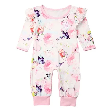 

Baby Girls Autumn Cute Romper Flower Butterfly Print Long Sleeve Cotton Covered Button Jumpsuit