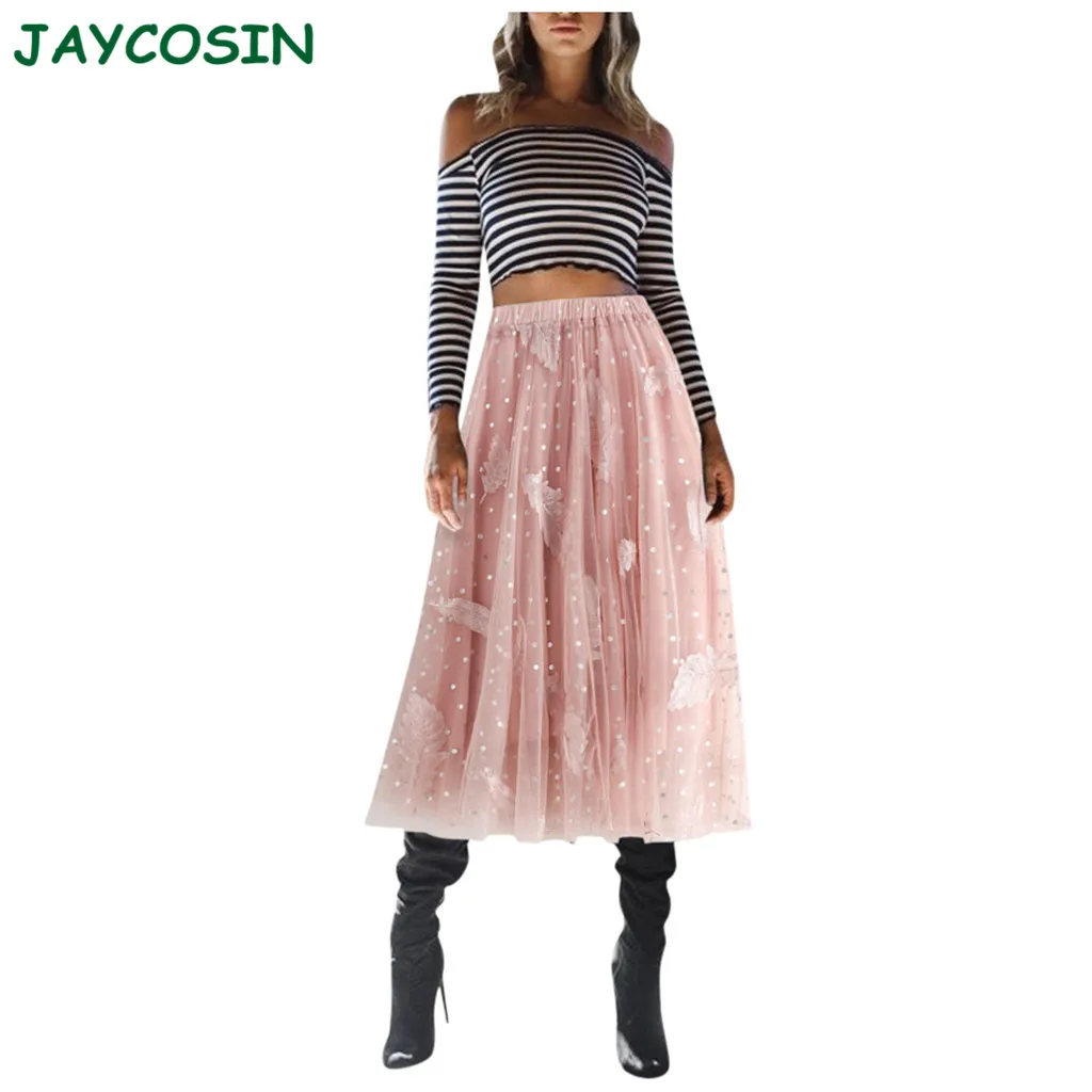 Женская одежда JAYCOSIN, модная Однотонная юбка с высокой талией, Женская Повседневная эластичная юбка-пачка из сетки, асимметричная длинная юбка, весна 1217