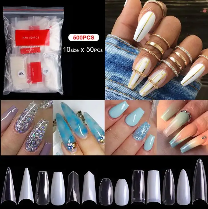 Wholesale 500pcs Coffin Nail Tips Half Cover Extra Long C Curve Extension System False Nails Manicure Press On Tip Salon Supply