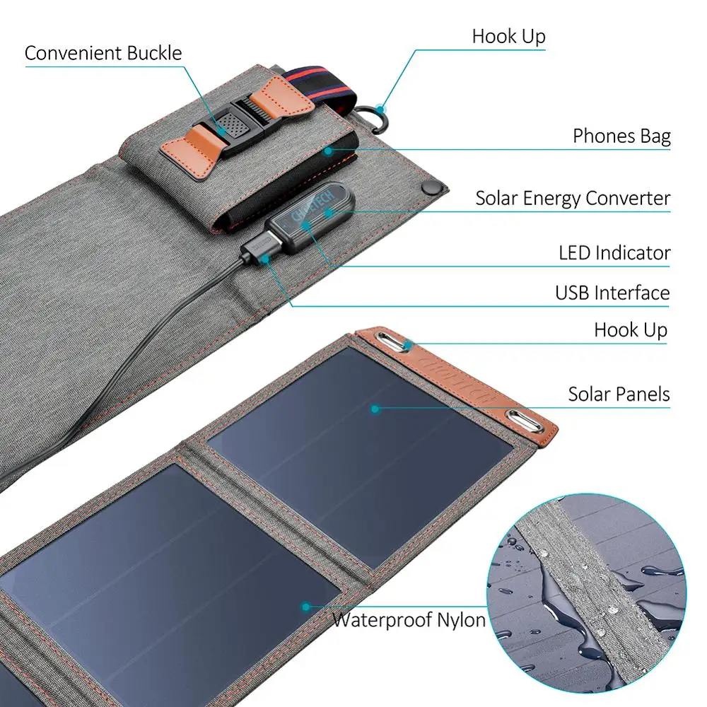 US $39.69 CHOETECH Solar Charger 14W USB Foldable Phone Travel Charger With SunPower Solar Panel Waterproof For IPhone X876sPlus