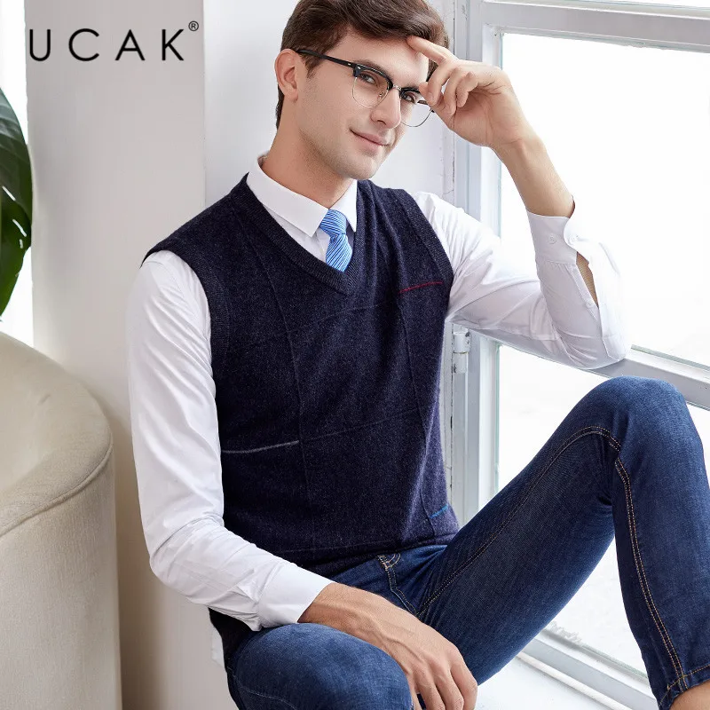 70% OFF UCAK Brand Pure Merino Wool Sweater Vest 2019 New Arrival Casual Autumn Winter Pull Homme Streetwear Sweaters Clothes U3114