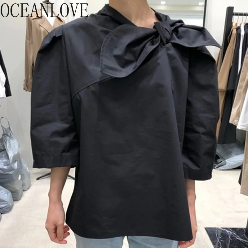 

OCEANLOVE Bow Solid Women Tops and Blouses Solid Fashion Korean All Match New 2020 Blusas Sweet All Match Shirts Tops 15278