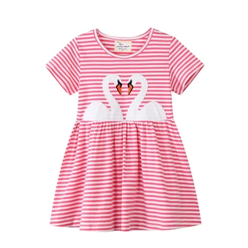 

2-6 Years Toddler Girl's Cotton Dress Embroidery White Swan Pink Stirped Girl Baby Kids Summer Outfit Summer Jersey Clothes