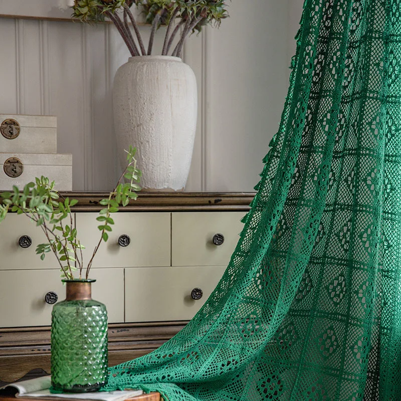 verde cortina para quarto, Farmhouse Retro Crochet