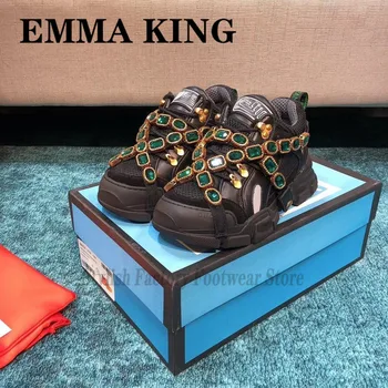 

2020 Designer Platform Top Genuine Leather Sneakers Lady Mesh Breathable Trainers Diamond Chain Lace Up Women's Vulcanize Shoes