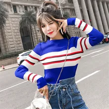 

New Women Autumn Winter Sweater White Black Striped Korean Long-Sleeved Slim Sweater Women'S Spring High-Waist Short Top