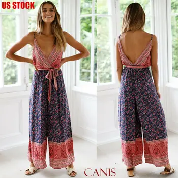 

Womens Sleeveless Bohemian Long Length Loose Floral Print Sashes Wide Leg Beach Party Jumpsuit Trousers Clubwear Playsuit