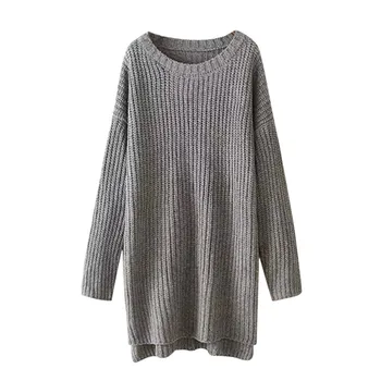 

Sweater Women Autumn Winter Round Neck Solid Color Slim Long-Sleeved Casual Wild Split Hem Knitwear Tops Women pull femme