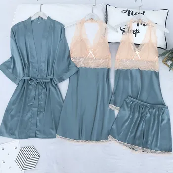 

Sexy Robe For Women 4 Pieces Pajamas Set Sexy Charming Lace Female Pajamas Satin Silk Sleepwear Spring Homewear With Chest Pads