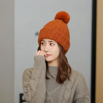 

Warmer Winter Hat Female Big Ball Woolen Knit Hats Ladies Plus Velvet Warm Beanei Women Cute knitted Scarf Dual-use Caps