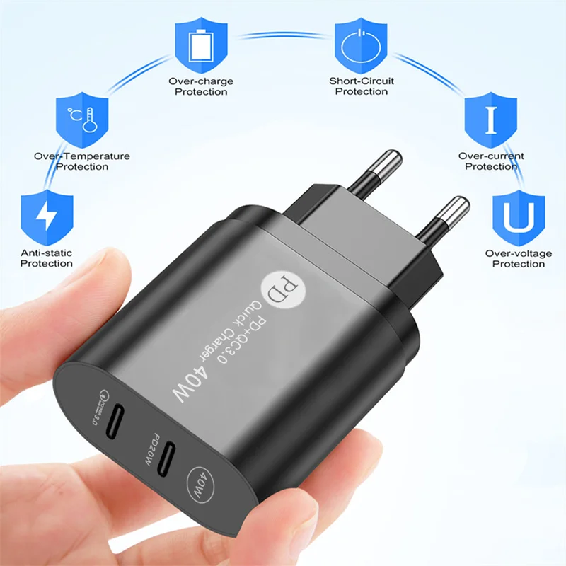 NEW Dual Port 40W PD Wall Charger Portable Quick Charge 3.0 Travel Phone Charge Adapter For iPhone 13 12 11 Pro EU/US Chargers Fast charge 18w