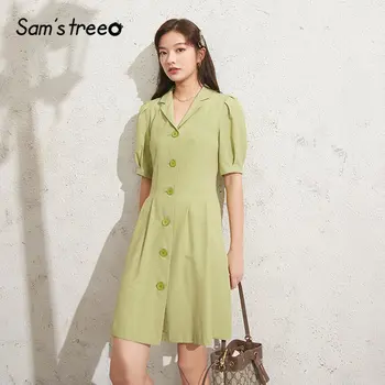 

SAM'S TREE Black Solid Single Breasted Casual Women Mini Shirt Dresses 2020 Spring New Green Half Bud Sleeve Ladies Daily Dress
