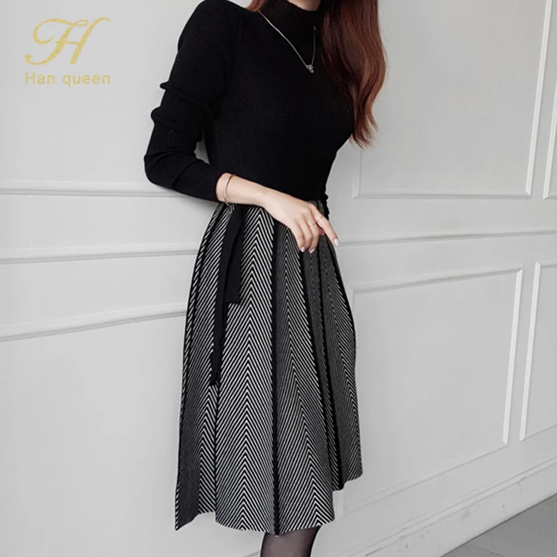 H 한 여왕 핫 세일 캐주얼 풀오버 스웨터 Pleated Vestidos 우아한 간단한 오피스 드레스 여성 컬러 매칭 a 라인 드레스