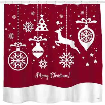 

Geometric Red Background Shower Curtain with Christmas Balls and Ornaments Bathroom Home Office Holiday Wall Decoration as