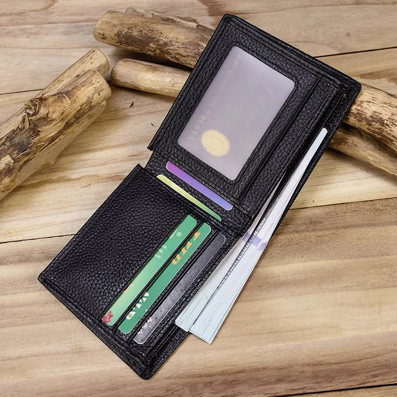 Soft Genuine Leather Purse For Man Women Fashion Small Cowhide Short Wallet Money Bag Credit Card Pockets Clutch Wallet Black 5