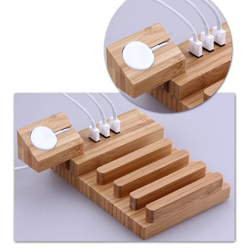  4 Slot 3 USB Ports Charging Station Phone Tablet Desk Wooden Charger Fast Charging Dock Station