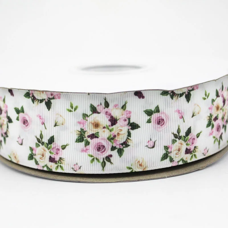 

White rose/flower printed grosgrain ribbon 9-75mm DIY handmade materials christmas wedding gift wrap tape ribbons