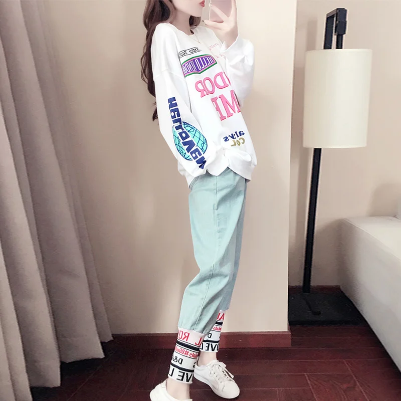 Fashion Trendy loose Tracksuits Chic Letter Female 2 Piece Sets Streetwear New Women Long Sleeve Pullovers + Pants Hip Hop set |