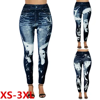 

Fashion Women Leggings Floral Print Pencil Pants Leggins 2020 3XL Plus Size Casual High Waist Faux Denim Trousers Bottoms Black