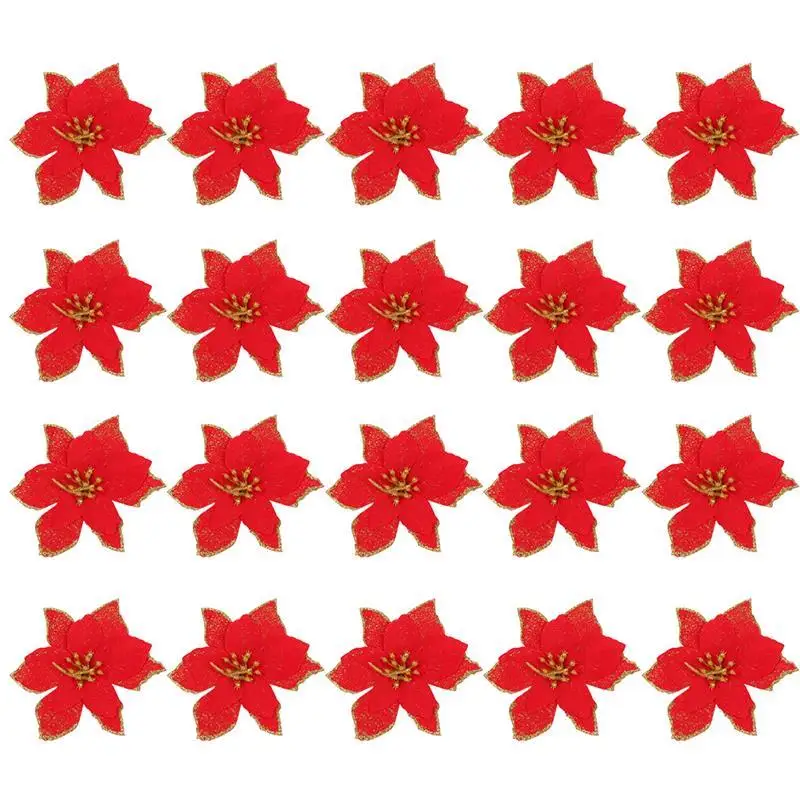 20 шт. модные искусственные цветы для украшения блестки Poinsettia поддельные цветы DIY домашние свадебные декорации цветок голова Рождество - Цвет: Красный