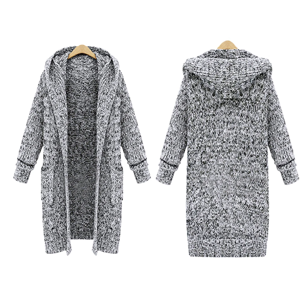 Хороший женский длинный трикотажный кардиган, пальто, повседневный длинный рукав, открытая передняя уличная одежда, теплый кардиган, свитер с капюшоном, блузки