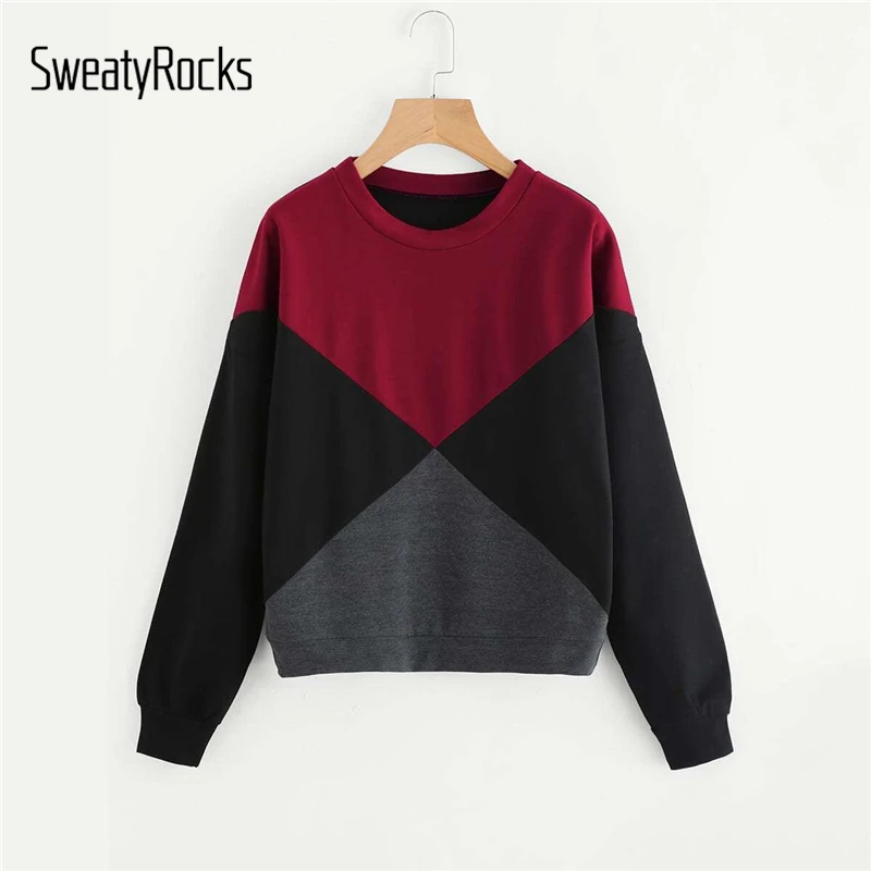 Свитер SweatyRocks с цветным блоком Женские топы с длинными рукавами осень круглый вырез пуловер для активного отдыха повседневная разноцветная Толстовка