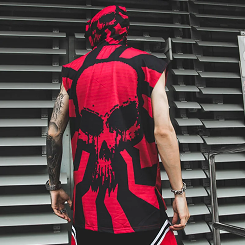 Tank Tops Men Summer Hip Hop Hooded Sleeveless Skull Print Color Block Punk Style Vest Casual Streetwear Male Tees