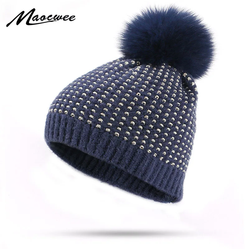 

Winter Knitted Beanies Hat With Real Fox Fur Pom Poms For Men And Women Golden Thread Outdoor Warm Thick Girls Skullies Beanies