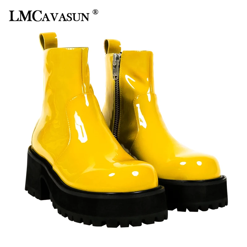 

LMCAVASUN 2019 Round Toe Zipper Patent Leather Personality Casual Single Women Short Boots New Spring Summer Fashion Tide