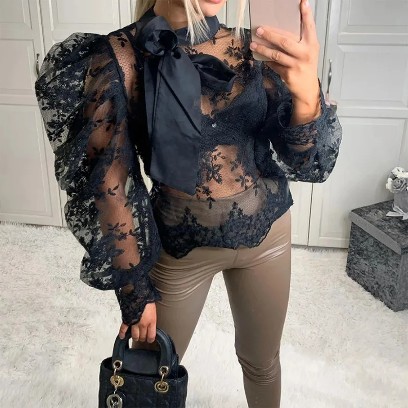 Sexy Women Lady Crochet Mesh Sheer See-Through Long Puff Sleeve Tops Shirt Bow Neck Loose Casual Blouse Top Sexy Women Lady Crochet Mesh Sheer See-Through Long Puff Sleeve Tops Shirt Bow Neck Loose Casual Blouse Top